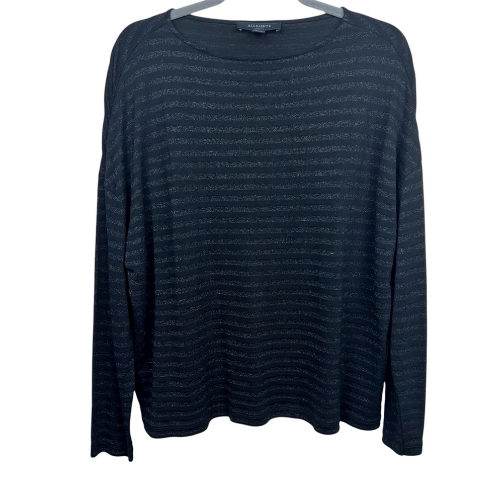 All Saints RINA STRIPED SHIMMER T-SHIRT Long Sleeves M Black - Picture 5 of 10
